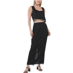 WHITE CLOSET 2pc Linen Blend Skirt And Top Set With Contrast Stitch Detail